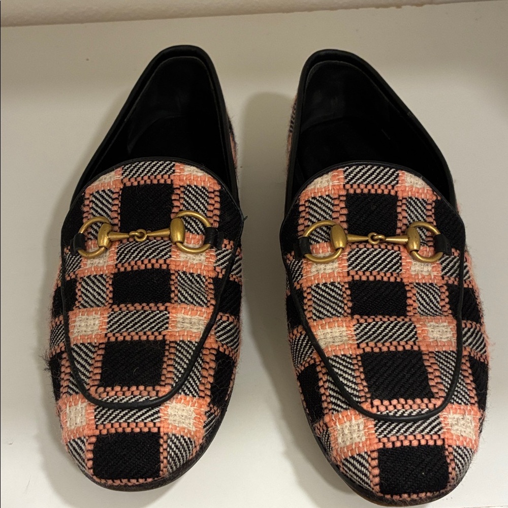 Gucci Black Pink and White Plaid Tweed Loafers size 36